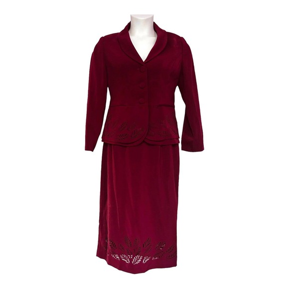 Midnight Velvet Cutwork Fall Burgundy Desk to  Dinner Office Power Skirt Suit - Picture 3 of 15